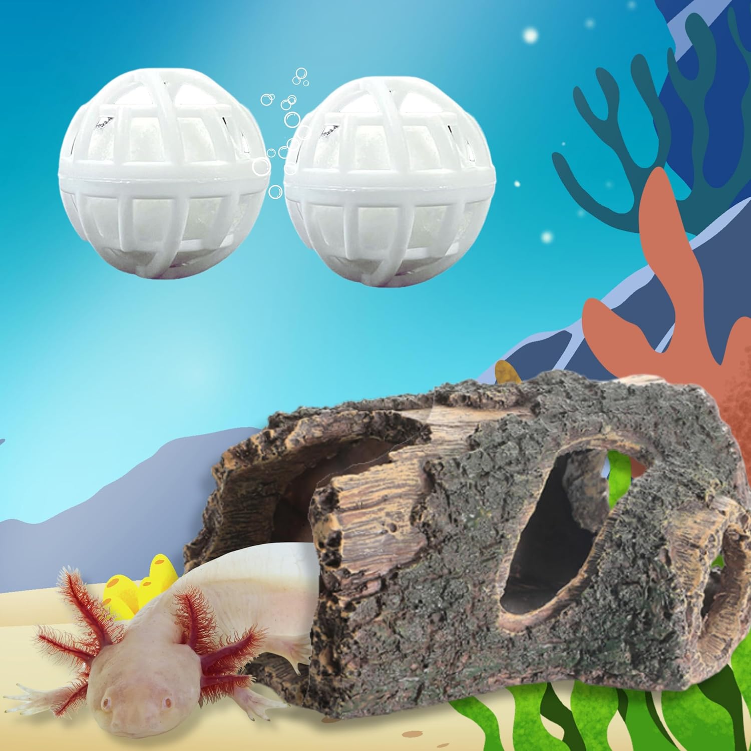 1pcs Axolotl Hides for Aquarium with 2pcs Nitrifying Ball Set, Driftwood Axolotl Cave Hideout and Aquarium Filter Balls, Fish Tank Decor, Shelter for Small Pet Frog Fish Betta (Resin Driftwood, M)