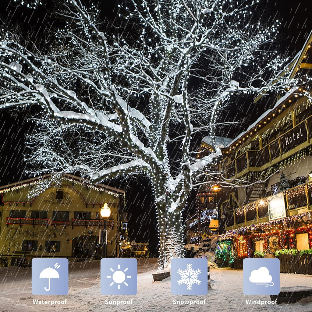 JMEXSUSS 500 LED White Christmas Lights Outdoor Indoor, Green Wire Christmas Tree Lights Plug in, 8 Modes Waterproof White String Lights for Xmas Wedding Party Garden