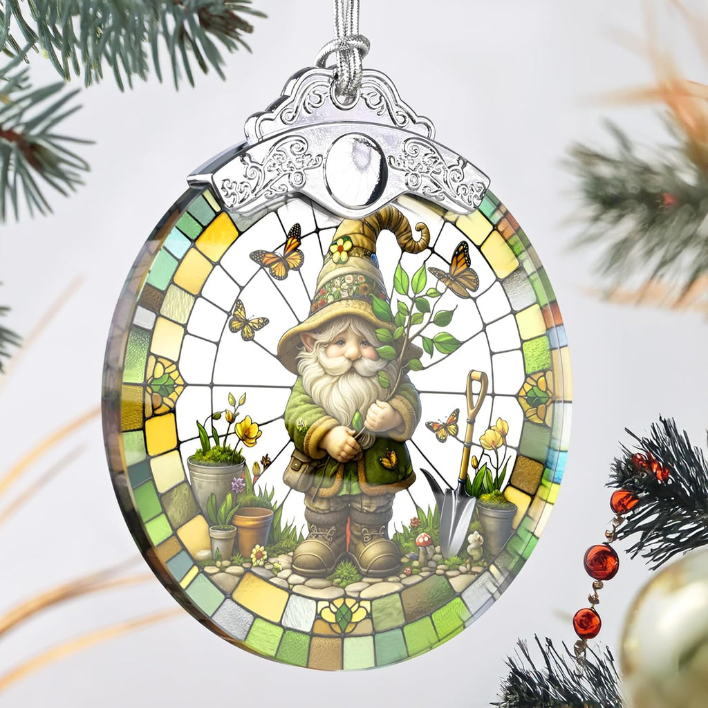 Charming Gnome Stained Glass Ornament - Christmas Tree Decor, Gnome Ornaments for Christmas