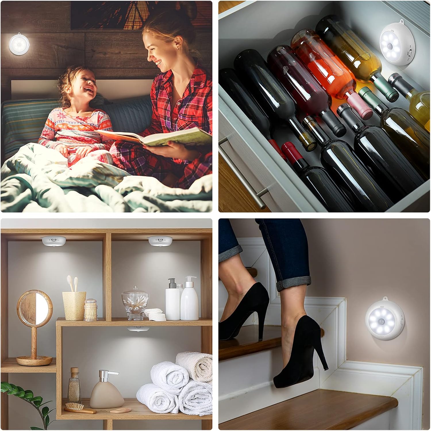 BLS Motion Sensor Light Indoor, LED Night Light Closet Lights, Under Cabinet Battery Powered Ceiling Lights, AA Battery Operated Stick on Wireless Puck Lights for Wall, Step, Stair, Dimmable (3 Pack)