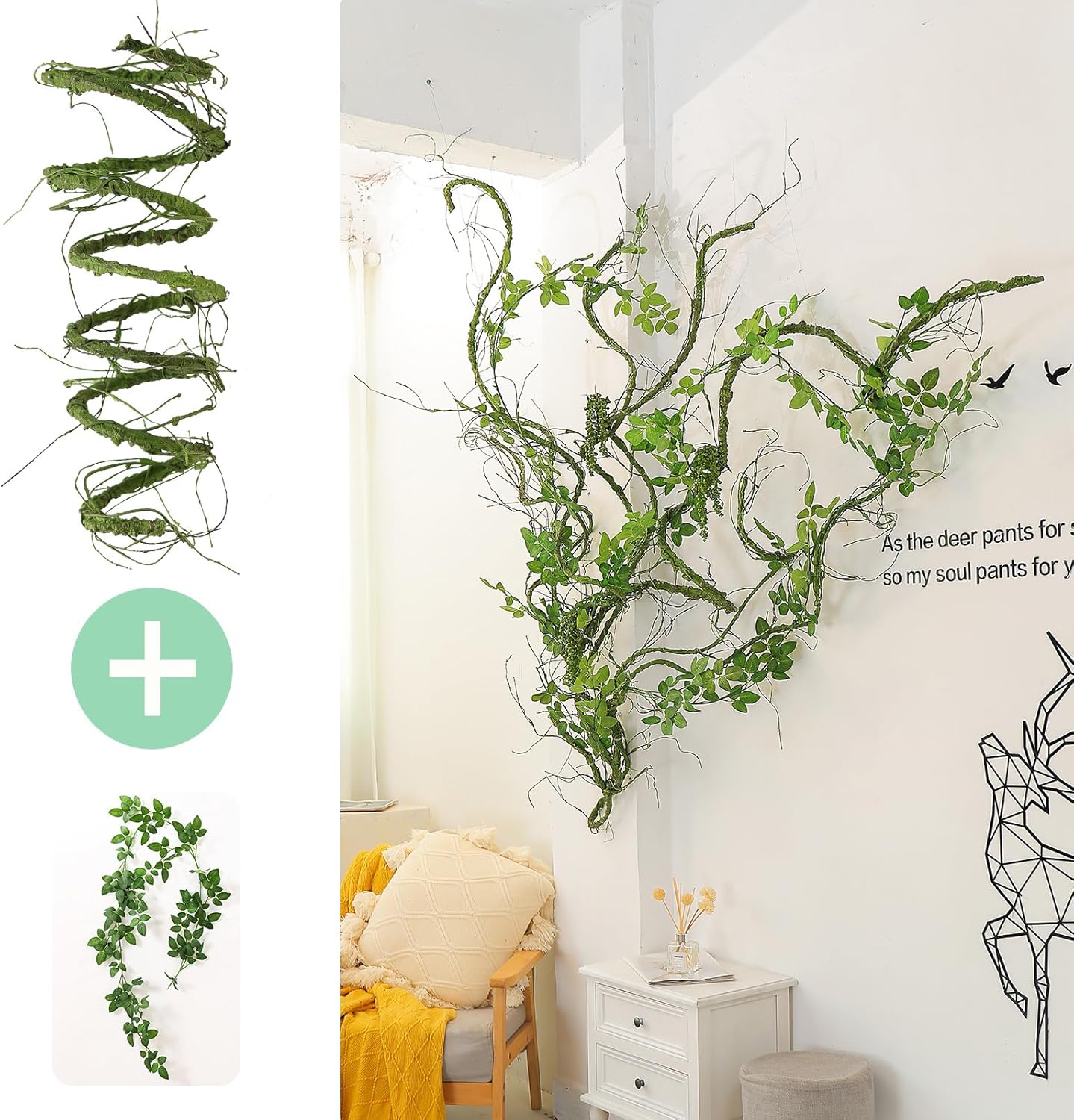 300cm/118inch Flexible Green Medium Artificial Tree Branches Fake Tree Trunk Garland Rattan Wreath Cherry Blossom Grape Vines Floral for Wall Hanging Front Door Reptile Habitat Decoration