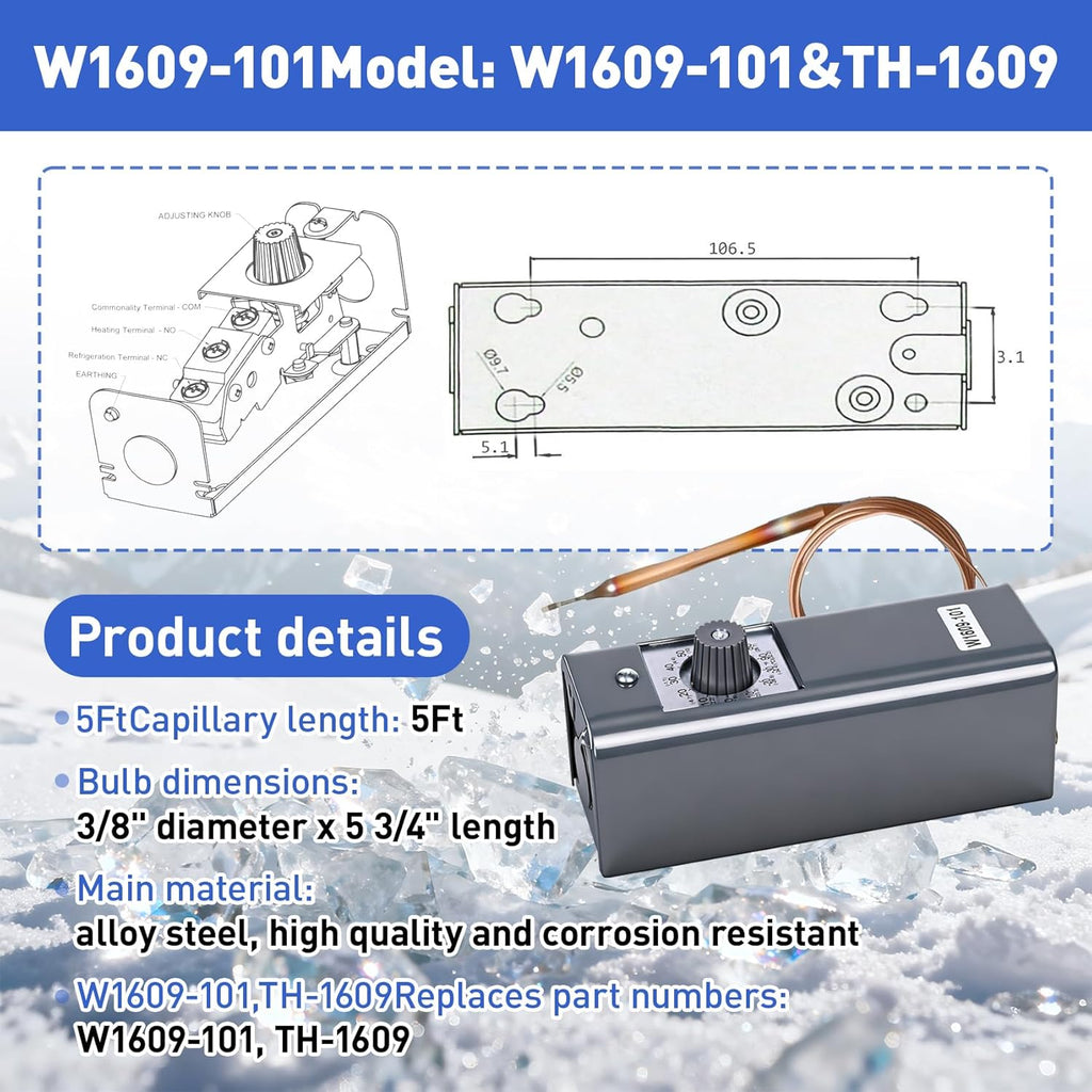 W1609-101 Refrigeration Thermostat Temperature Controller Remote Control Bulb TH-1609, 5FT Capillary Length, -30 to +90 Degrees Fahrenheit, -34 to +32 Degrees Celsius, °C and °F Dual Temperature dial