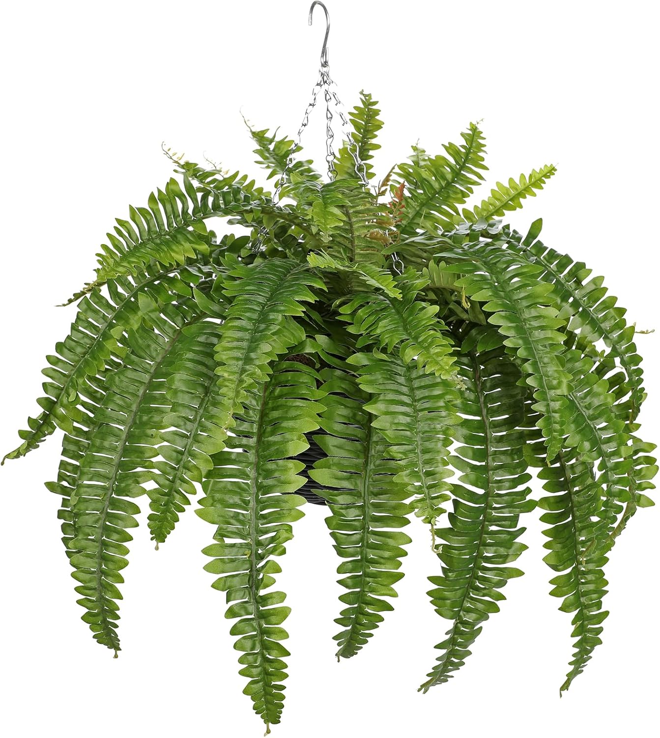 Hollyone 33" Artificial Boston Fern Hanging Basket Large 39 Leaves Fake Ferns in Rattan Pot Greenery Plants for Outdoors & Indoor Faux Fern Bush Basket Plant Patio Garden Home Decor Green