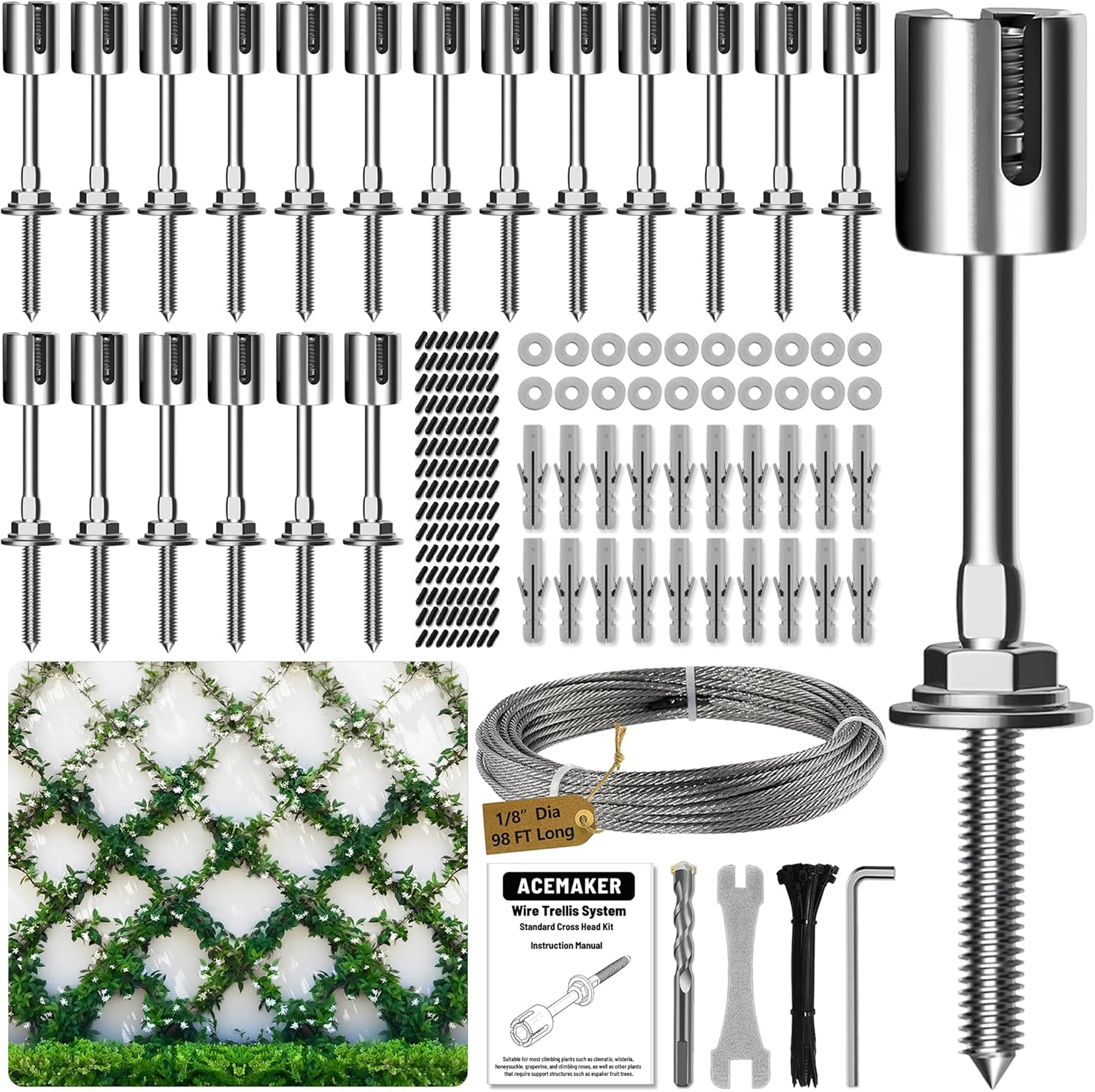 Wire Trellis for Climbing Plants Outdoor, 20-Set Wall Wire Trellis Kit with 1/8in x 98ft Stainless Steel Cable, T316 Espalier System for Fence and Garden DIY Projects