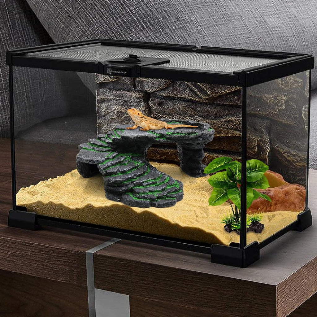 Turtle Basking Platform Kit, Reptile Habitat Hideout, Decorative Resin for Aquarium & Terrarium, Including Artificial Plant and Cleaning Brush. (B-Medium-Black)