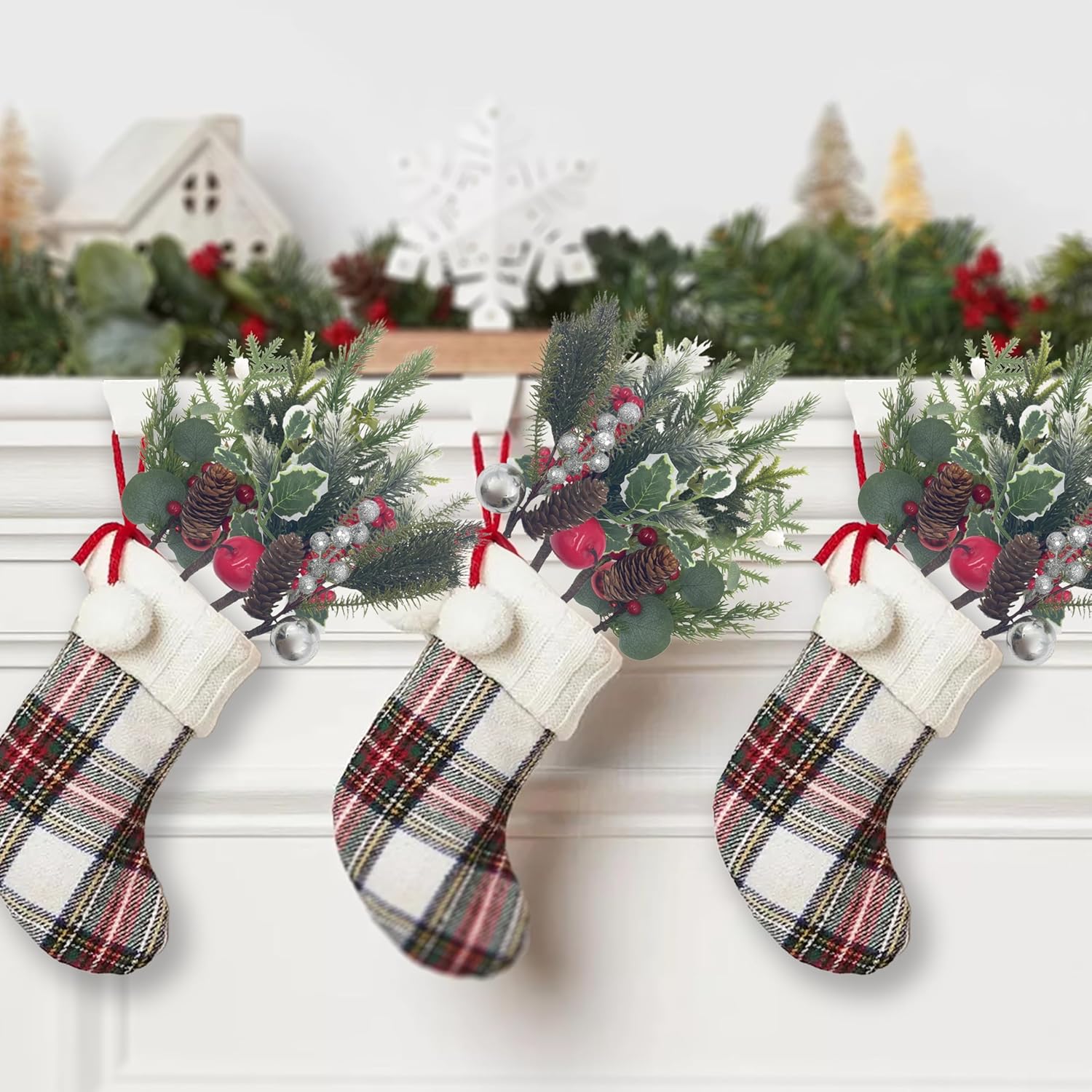 12 Pack Christmas Pine Picks with Red Berry Stems, Holly Eucalyptus Branches with Pinecone Sliver Ornament for Vase Filler Floral Arrangements DIY