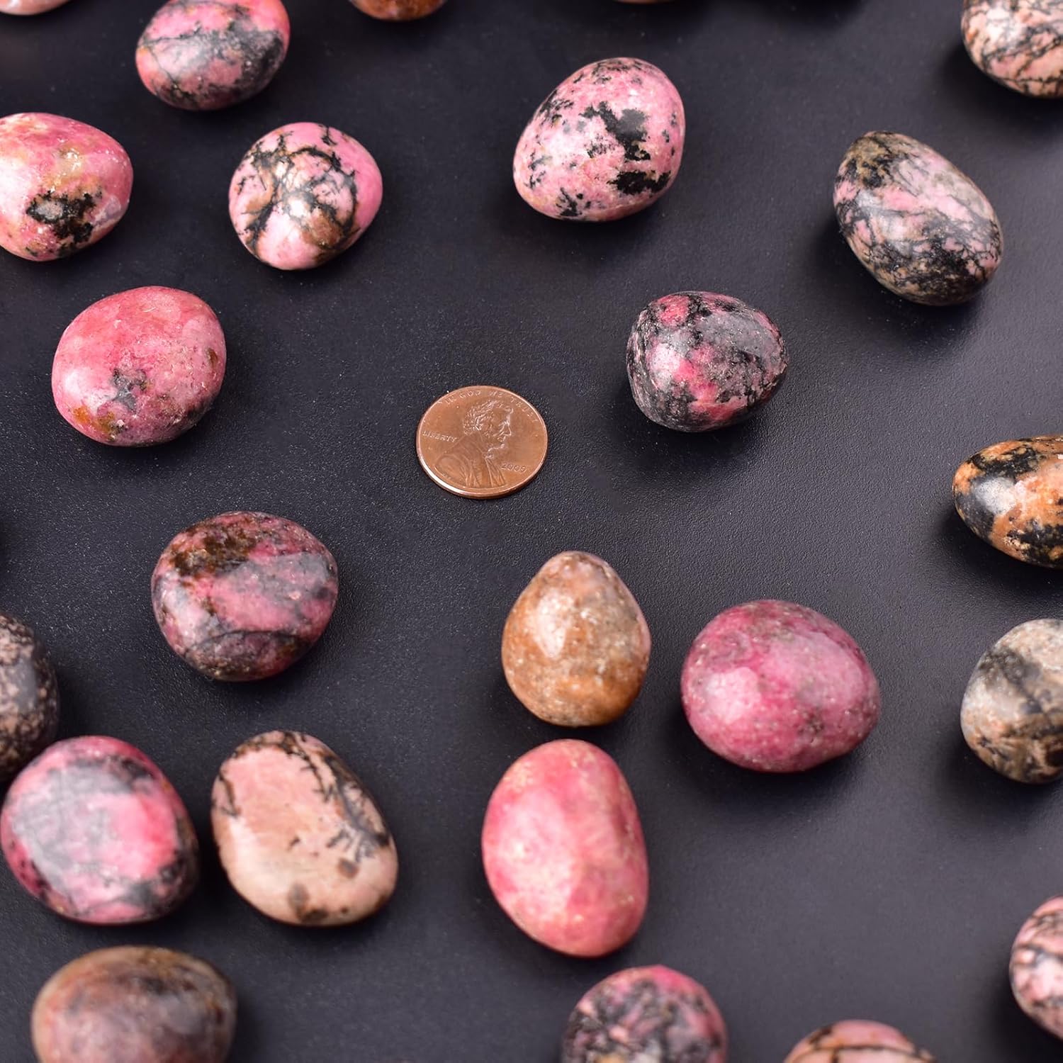 Polished Stone Set Rhodonite Crystals, 0.8" Handpicked Tumbled Gemstones Rocks, Pebbles for Reiki, Chakra, Healing, Home Decor