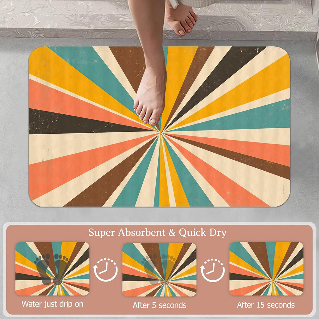 Diatomaceous Earth Bath Mat,Retro Vintage Bath Rugs,Radial Rays Non-Slip Thin Absorbent Fast Drying Easy to Clean for Bathroom Laundry Home Kitchen Door Mat 17x29.5Inch