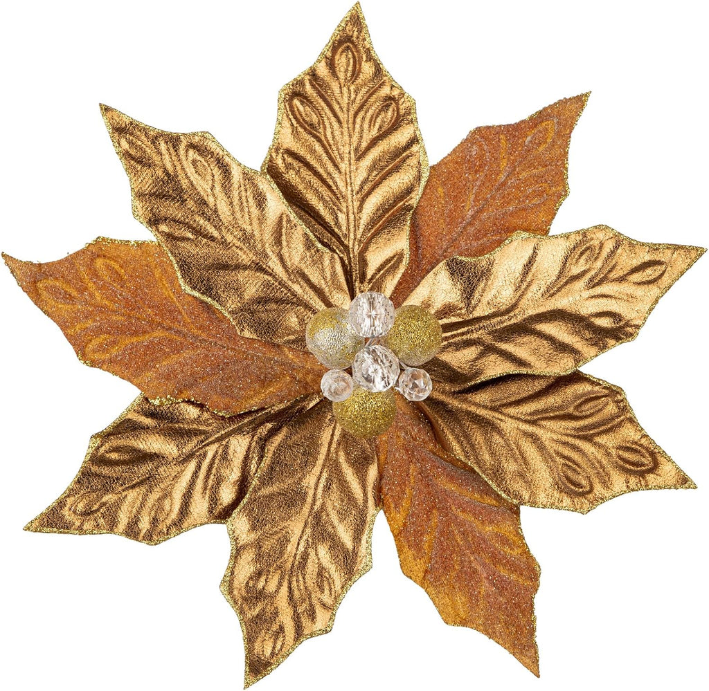 Hollyone 3PCS Poinsettia Christmas Flowers Artificial 11" Large Bronze Glitter Poinsettia Flowers Christmas Tree Ornaments Floral Picks for Tree Wreath Garland Vase Table Centerpiece Home Decor