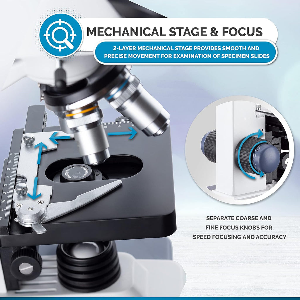 AmScope B120 Series Student & Professional LED Binocular Compound Microscope - 40X-2500X Magnification - Includes 5MP USB Camera & Siedentopf Head