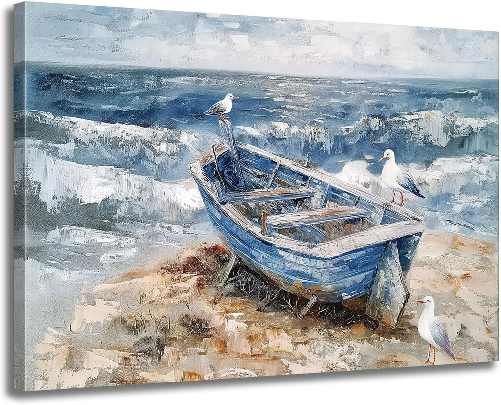 GLOKAKA Bathroom Wall Art Coastal Decor Boat on Beach Canvas Picture Seagull Seascape Wall Decor Abstract Ocean Seashore Print Painting for Bedroom Office