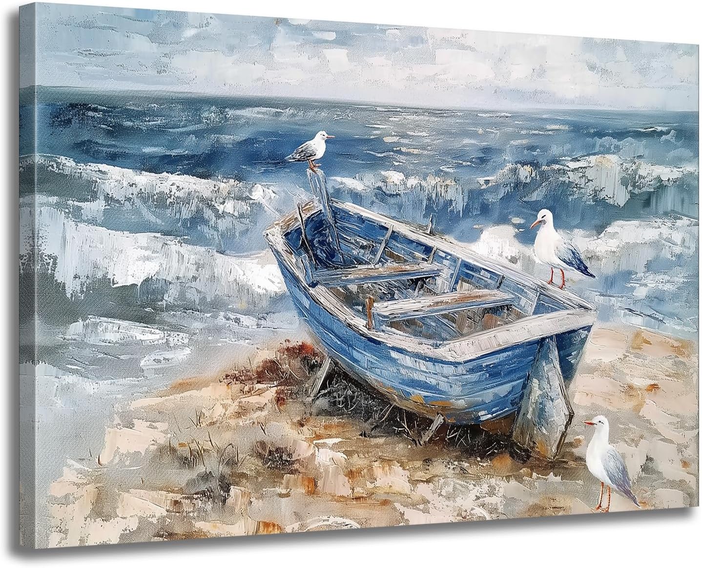 GLOKAKA Bathroom Wall Art Coastal Decor Boat on Beach Canvas Picture Seagull Seascape Wall Decor Abstract Ocean Seashore Print Painting for Bedroom Office