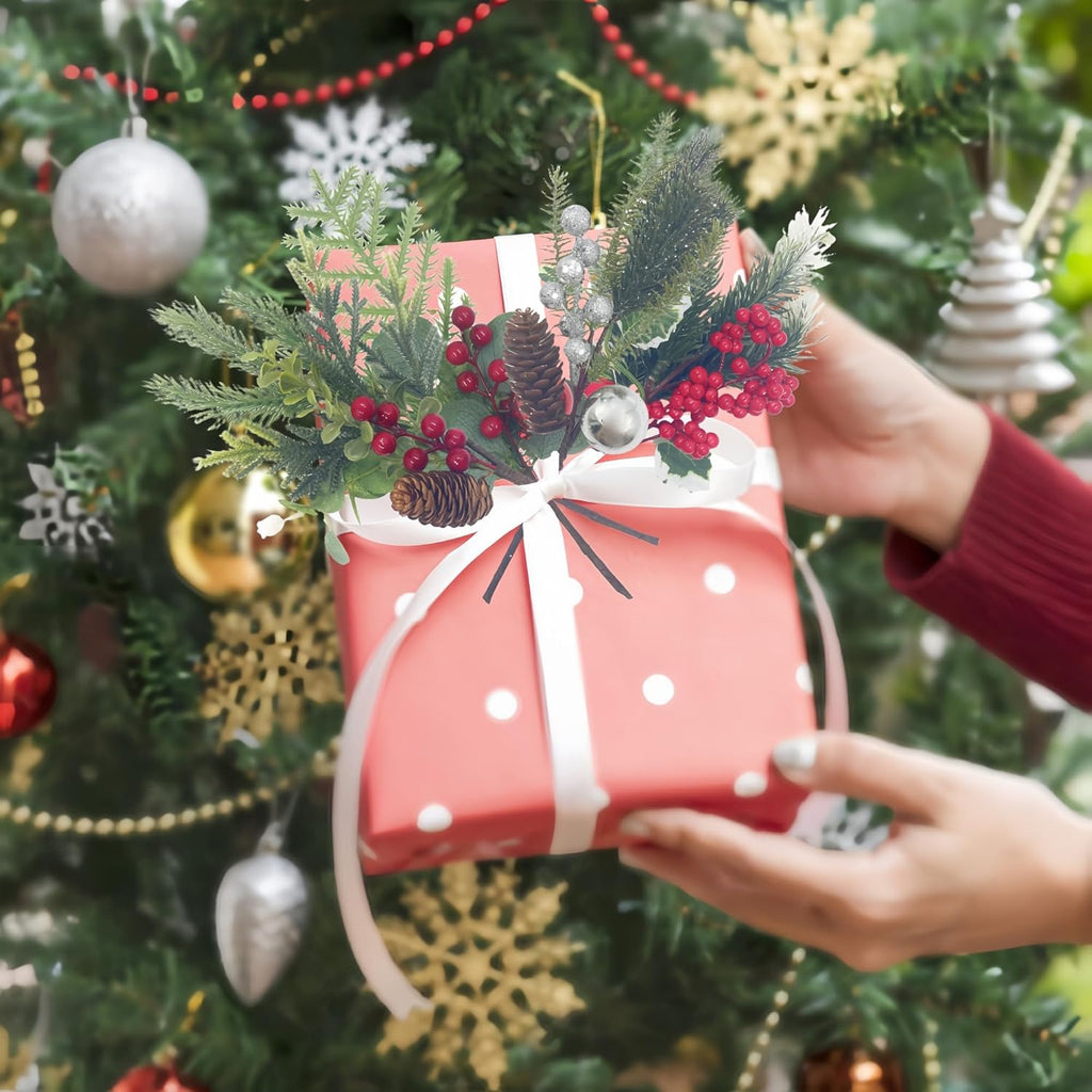 12 Pack Christmas Pine Picks with Red Berry Stems, Holly Eucalyptus Branches with Pinecone Sliver Ornament for Vase Filler Floral Arrangements DIY
