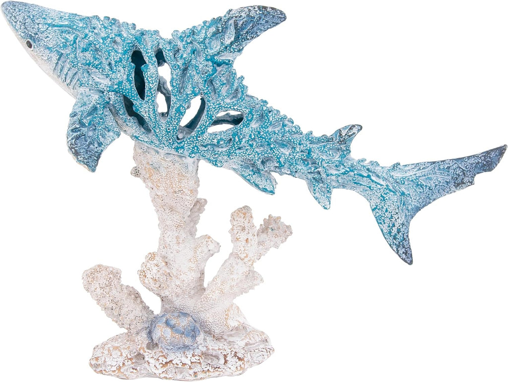 Decorative Shark Figurine 12 Inch Aqua Blue Coral-Look Sculpture with Coral Base Nautical Room Accents Coastal Tabletop Decor