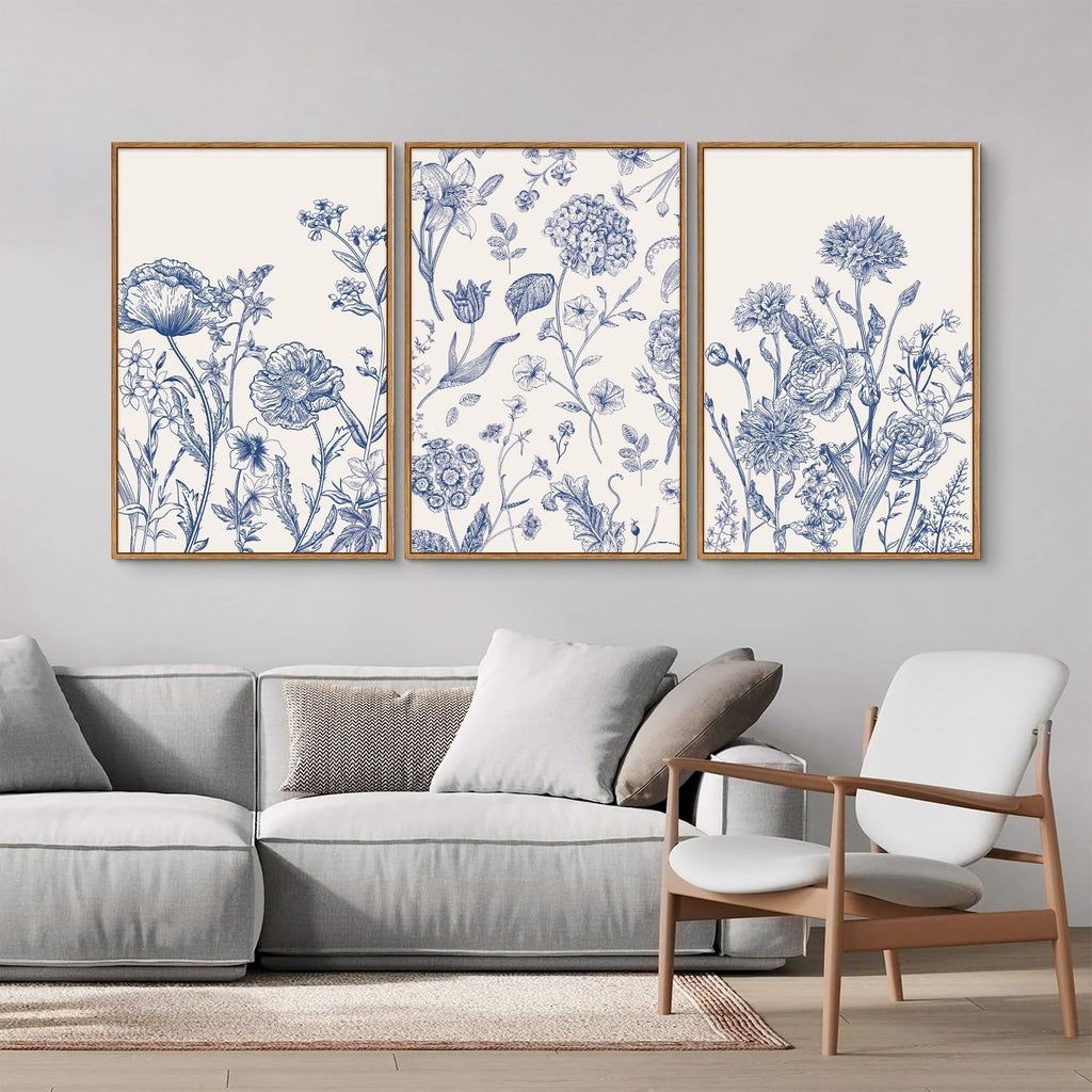 Tinonedraw Large Classic Chinoiserie Flower Framed Canvas Wall Art Set, Navy Blue and White Floral Wall Decor, Minimalist Neutral Botanical Art Printing for Living Room Bedroom Office Dorm 24"x36"x3