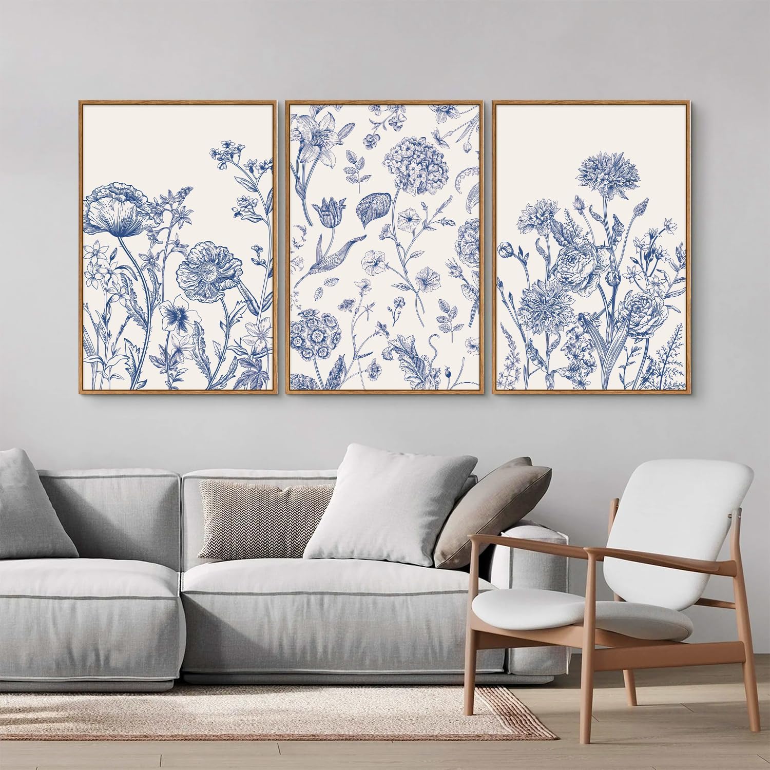 Tinonedraw Large Classic Chinoiserie Flower Framed Canvas Wall Art Set, Navy Blue and White Floral Wall Decor, Minimalist Neutral Botanical Art Printing for Living Room Bedroom Office Dorm 24"x36"x3