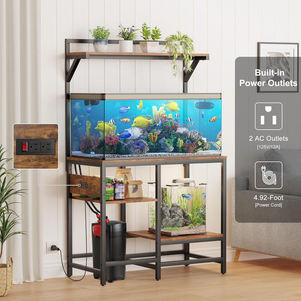 40-50 Gallon Fish Tank Stand with Power Outlet, Metal Aquarium Stand with Filter Storage, 6-Leg Reptile Tank Stand with 3-Tier Adjustable Storage Shelves and roof Support