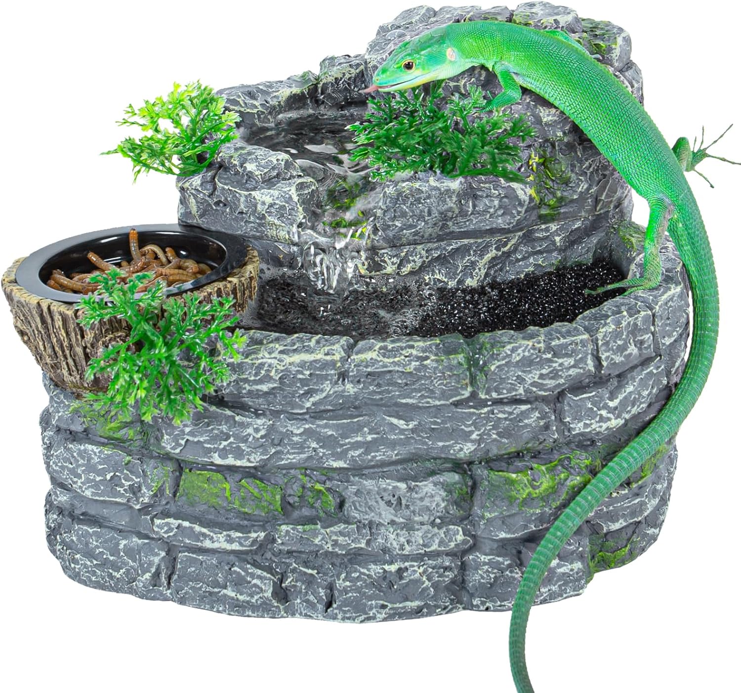 REPTI ZOO Reptile Water Fountain with Food Dish, 550ML Terrarium Waterfall Drinking Fountain for Bearded Dragon Gecko Chameleon Lizard Tree Frog Turtle, Reptile Water Dispenser, Keep Water Clear