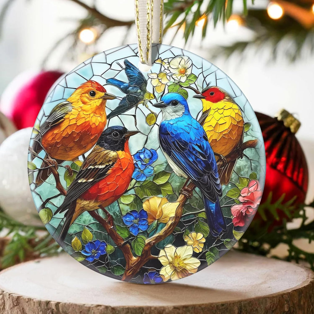 2025 Christmas Ornament, Christmas Tree Decoration, Round Ceramic Holiday Tree Decor - Birds on Branches. Gift Idea for Friends