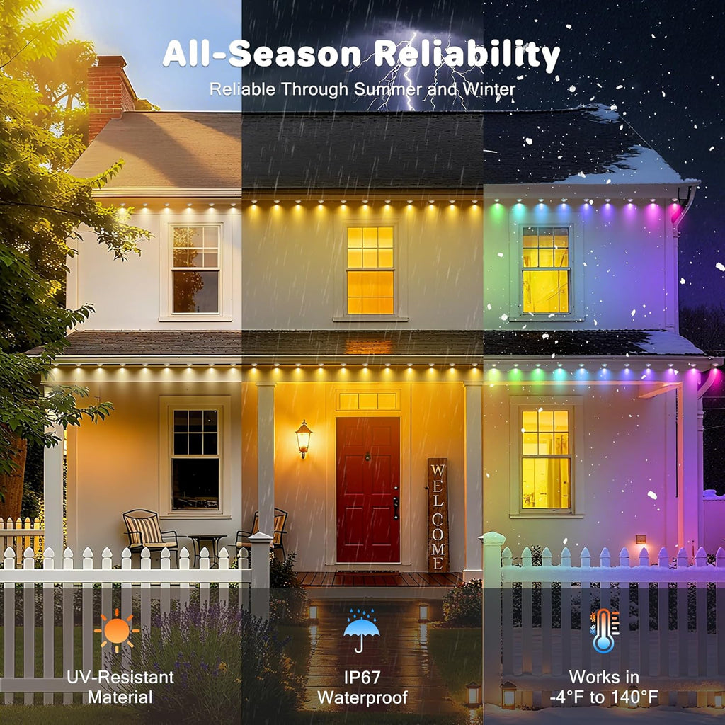 Permanent Christmas Lights Outdoor, 60 LED 100ft Color Changing Light with Remote and APP Control, Smart RGB String Lights Plug in for Eaves, Roof, Xmas, House, Holiday, Party Decor