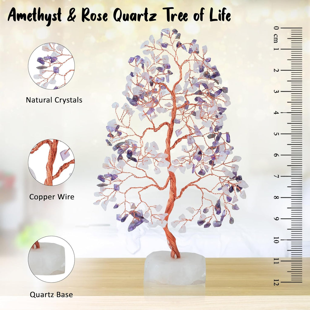 Amethyst & Rose Quartz Crystal Tree Gemstone Tree of Life Quartz Base Chakra Bonsai Tree for Room, Office Decor Spiritual Meditation Birthday Gift for Women Mom her Sister Housewarming Gifts Home