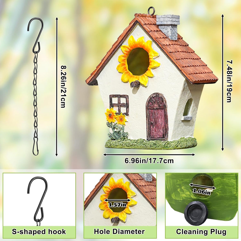 Garden Bird House for Outside, Hanging Resin Birdhouse Hummingbird House for Blue Bird Sparrow Chickadee, Sunflower Decorative Bird Box for Outdoors Country Garden Courtyard (Brown, Small)