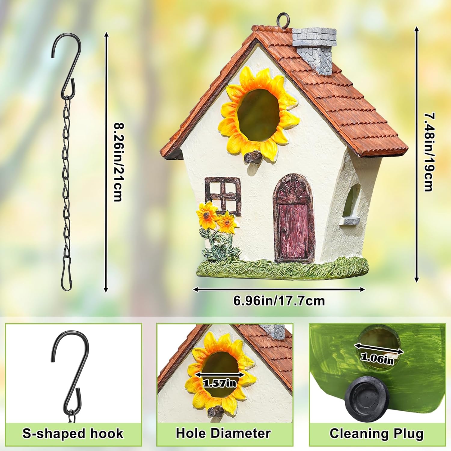 Garden Bird House for Outside, Hanging Resin Birdhouse Hummingbird House for Blue Bird Sparrow Chickadee, Sunflower Decorative Bird Box for Outdoors Country Garden Courtyard (Brown, Small)