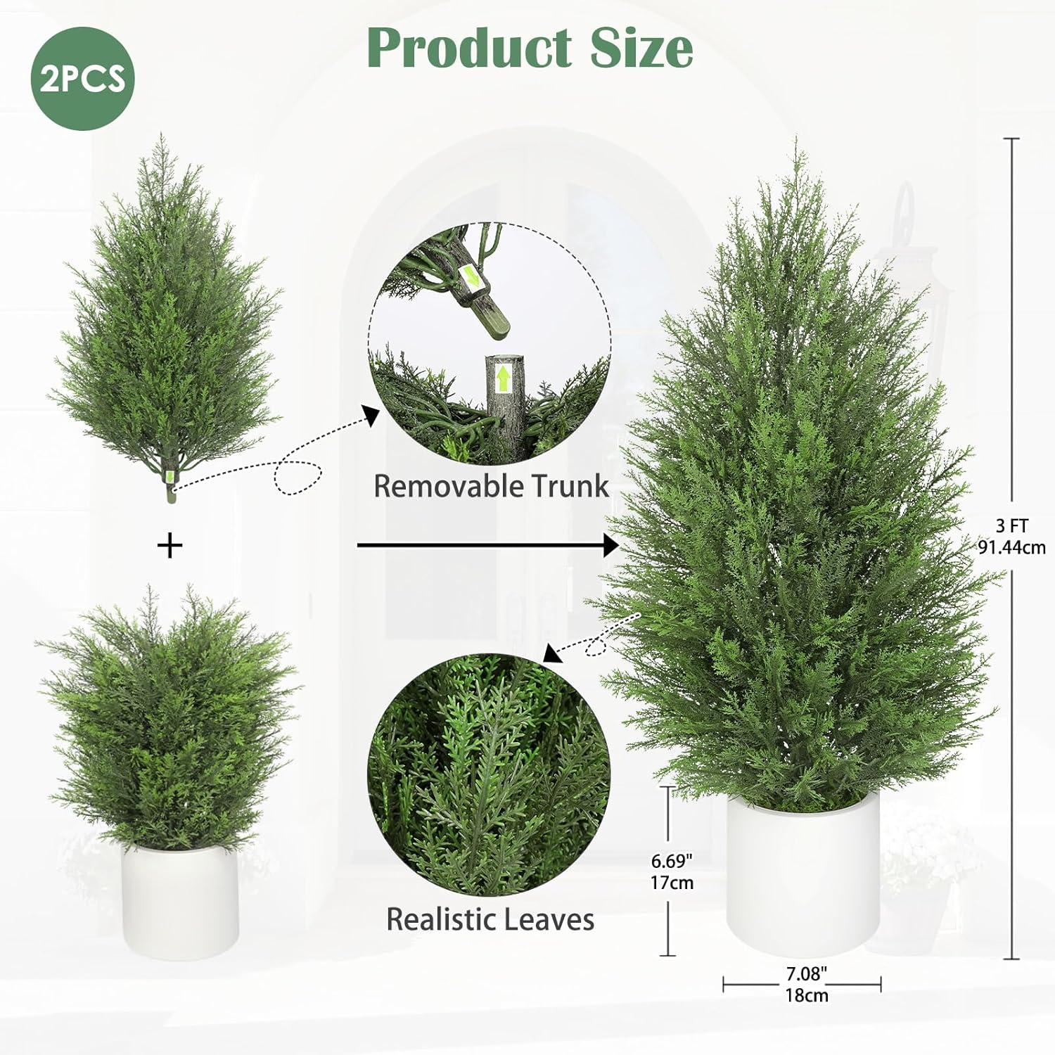 Briful 2PCS 3ft Artificial Cedar Topiary Trees in White Planter – Compact Faux Evergreen Potted Plants with Dense Realistic Layered Leaves, Lifelike Fake Cypress Trees for Home, Office, Patio, Porch