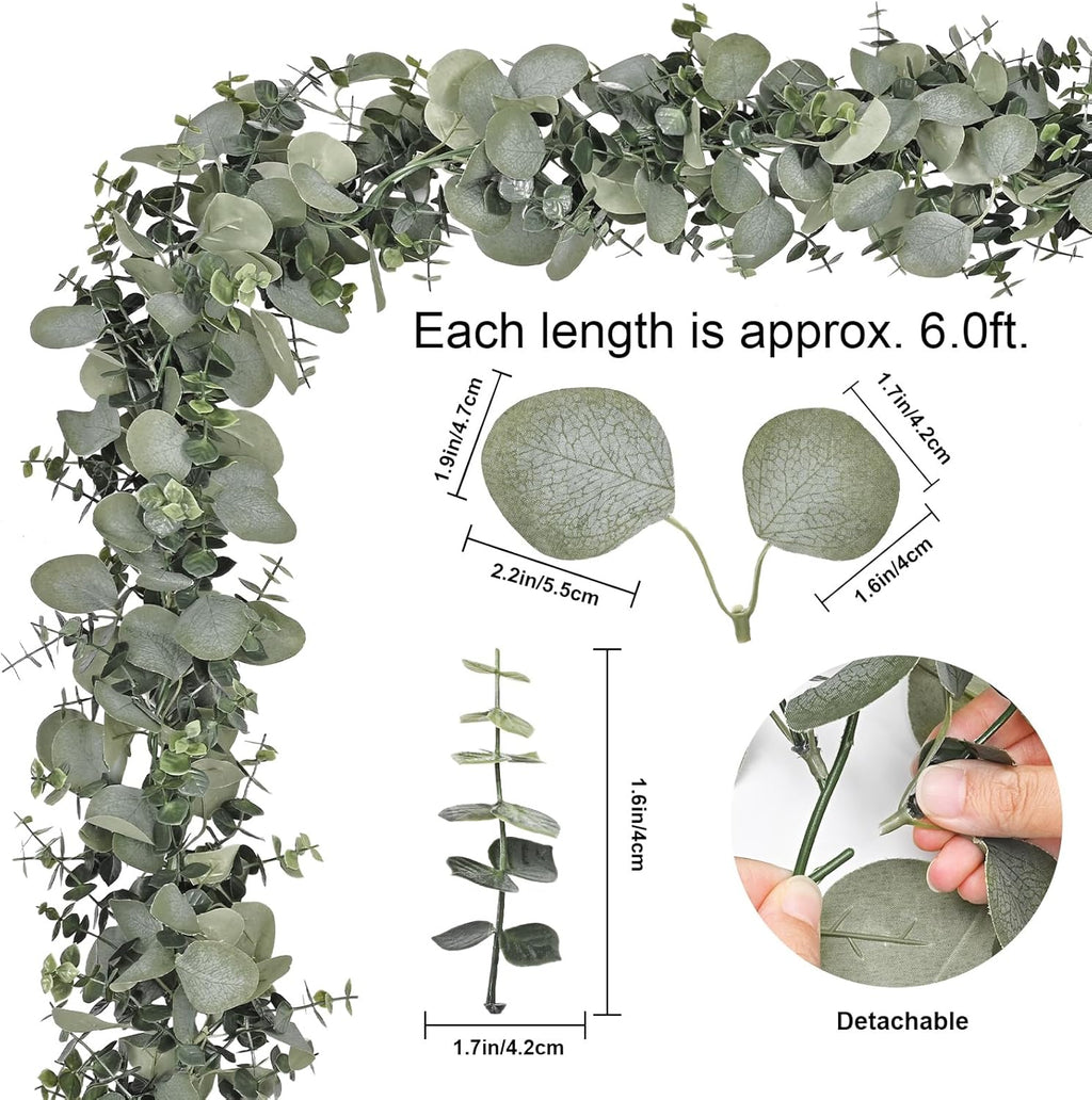Dolicer 6 Packs 6FT Artificial Eucalyptus Garland, Faux Greenery Garland Hanging Fake Silver Dollar Eucalyptus Leaves Vines for Wedding Backdrop Arch Table Wall Party Home Decor