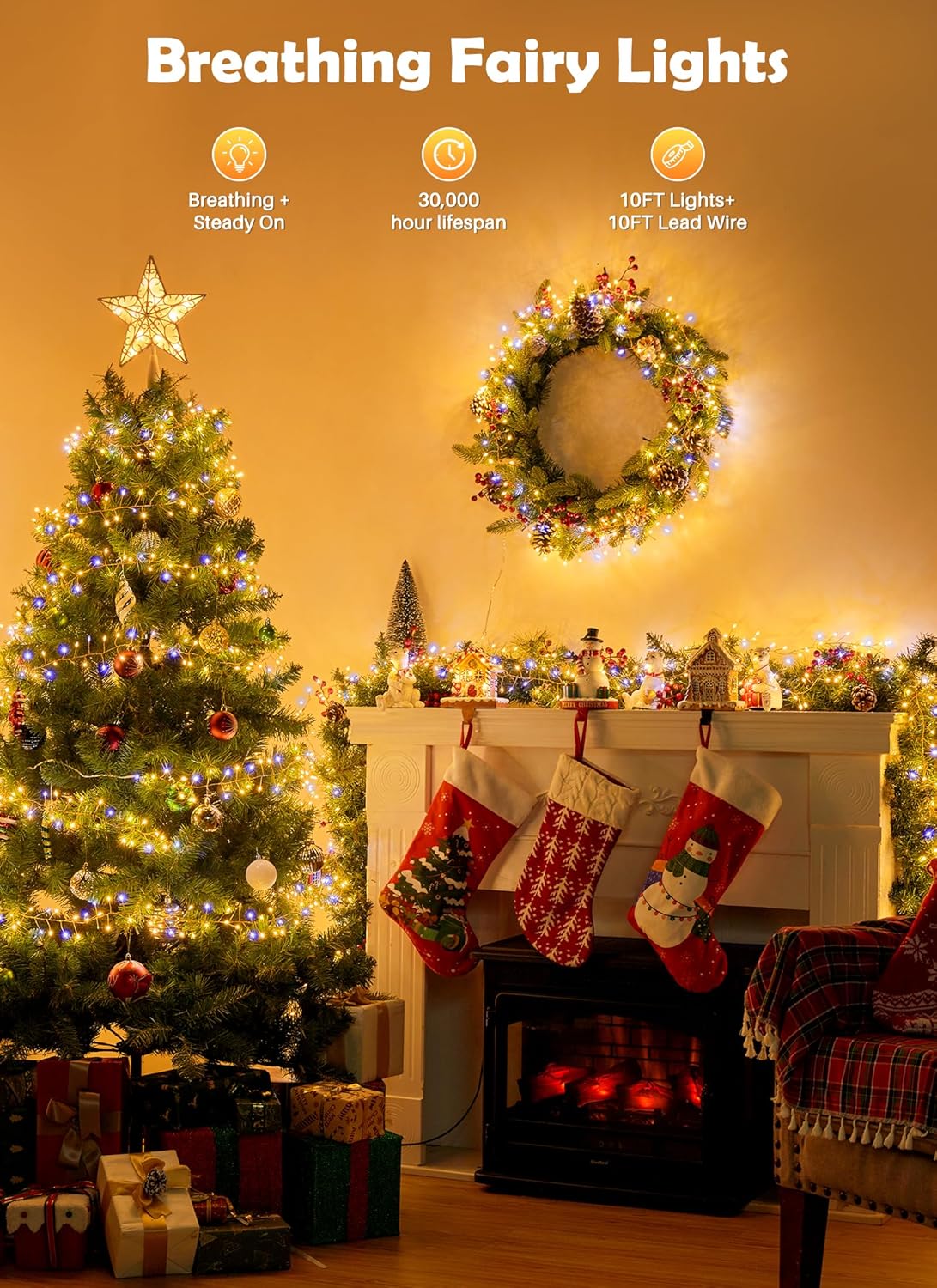 Twinkling Fairy Lights Plug in, 10FT 200LED Twinkle Lights - Firecracker String Lights, Christmas Tree Lights Waterproof for Bedroom, Garden, Patio, DIY Wreath, Indoor Outdoor Christmas Decorations