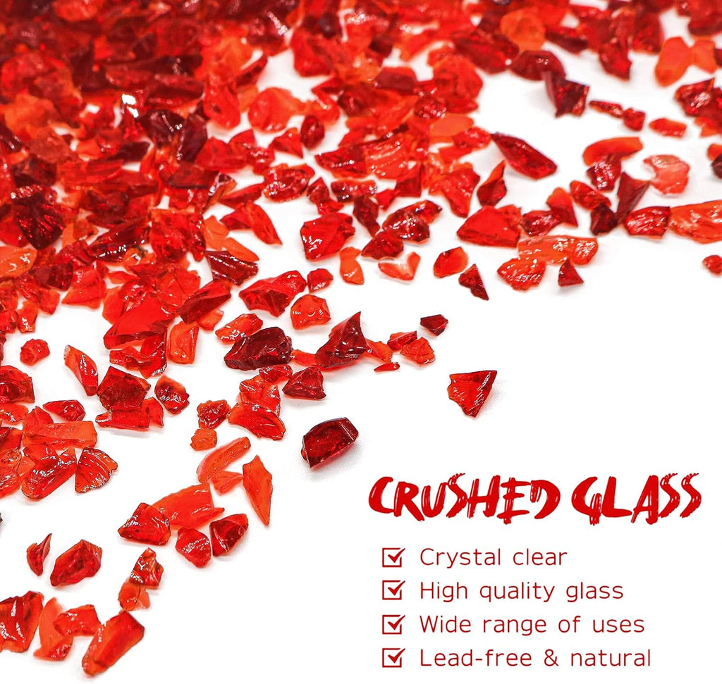 Crushed Glass for Resin Art - 3-6mm Red, 1.5lb | Broken Glass Pieces for Crafts, Vase Filler & Fire Pit Media | Decorative Stones (90% Red/10% Orange)