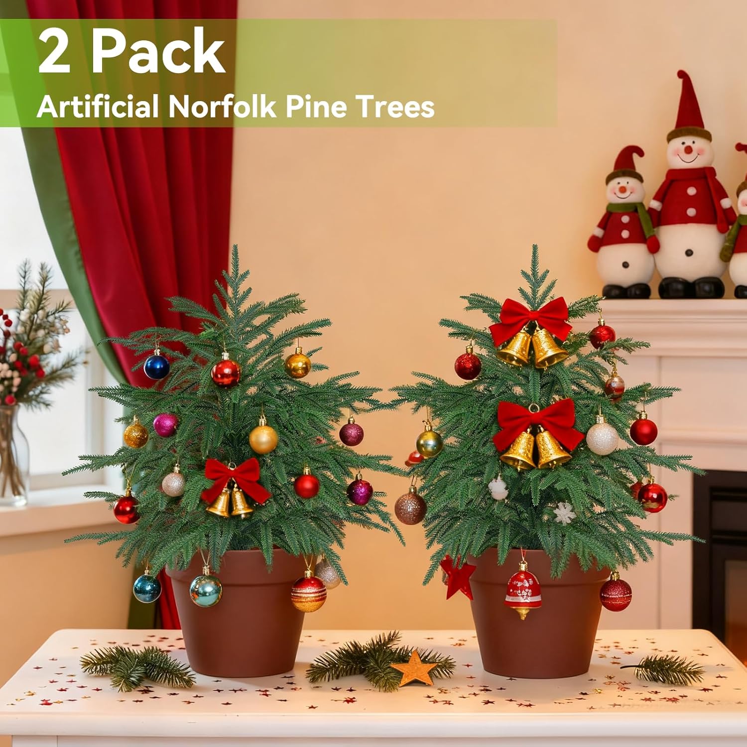 2FT Artificial Norfolk Pine Tree, 1pc Artificial Christmas Tree Faux Potted Plants for Front Porch Christmas Indoor Outdoor Decor