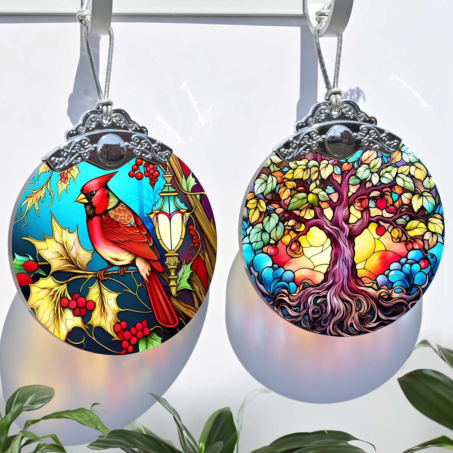 Christmas Ornament - Red Bird Cardinal Stained Glass Decor - Holiday Decorations and Xmas Gift Ideas for Tree