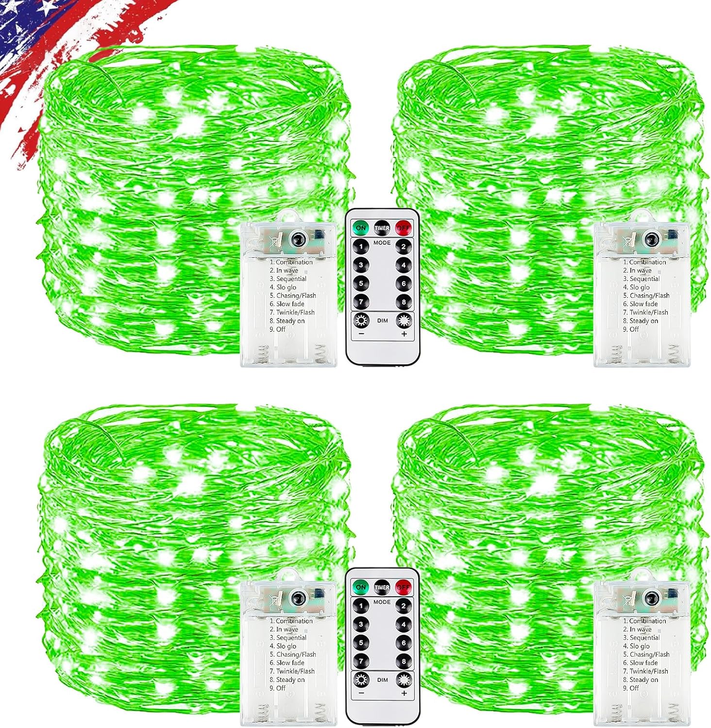 4 Pack Green Fairy Lights Battery Operated with Remote, Waterproof 20FT 60LED Cuttable Twinkle Lights with Timer Indoor Outdoor, String Light for Bedroom, Classroom, Wedding, DIY, Christmas Décor