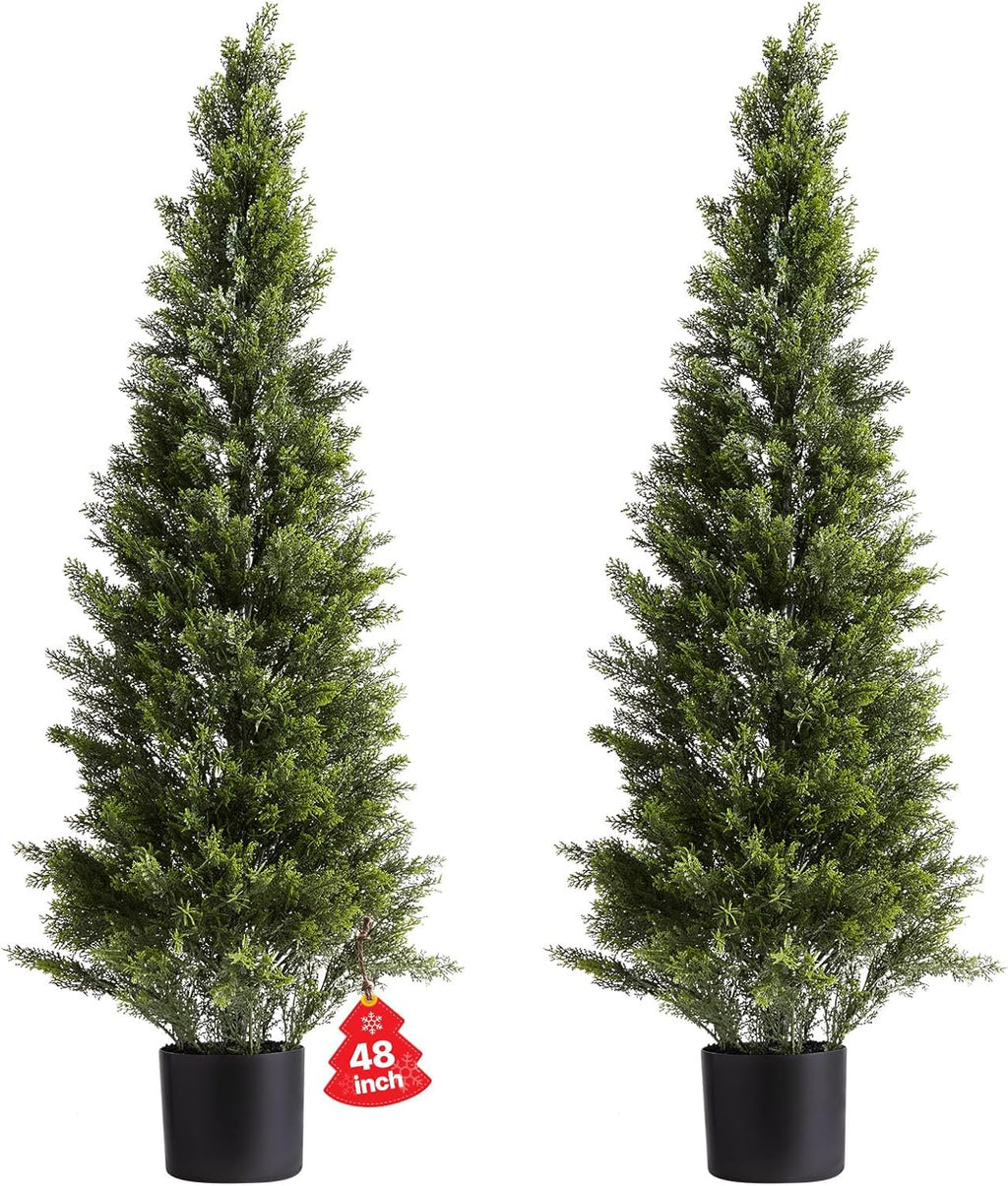 VEVOR Artificial Cedar Topiary Trees, 48 inch 2 Set Faux Pine Shrubs Plants, Fake Silk Tree Look Real, Easy Assembly for Decor Front Porch Outdoor Patio Garden Balcony Backyard Indoor Office