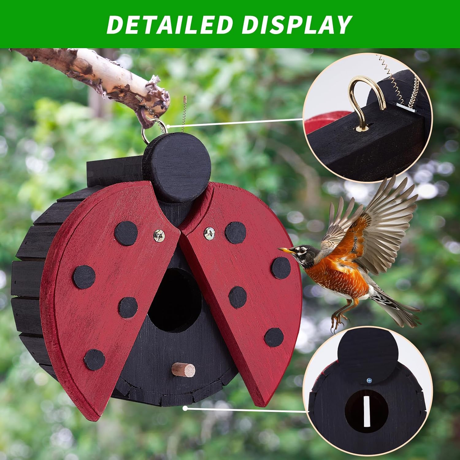 Bird Houses for Outside - Wooden Hanging Bird House - Ladybug-Shaped Birdhouse for Finches, wrens, Cardinals - Outdoors Bluebird Nesting Box - Cute Garden Decor for Wild Birds