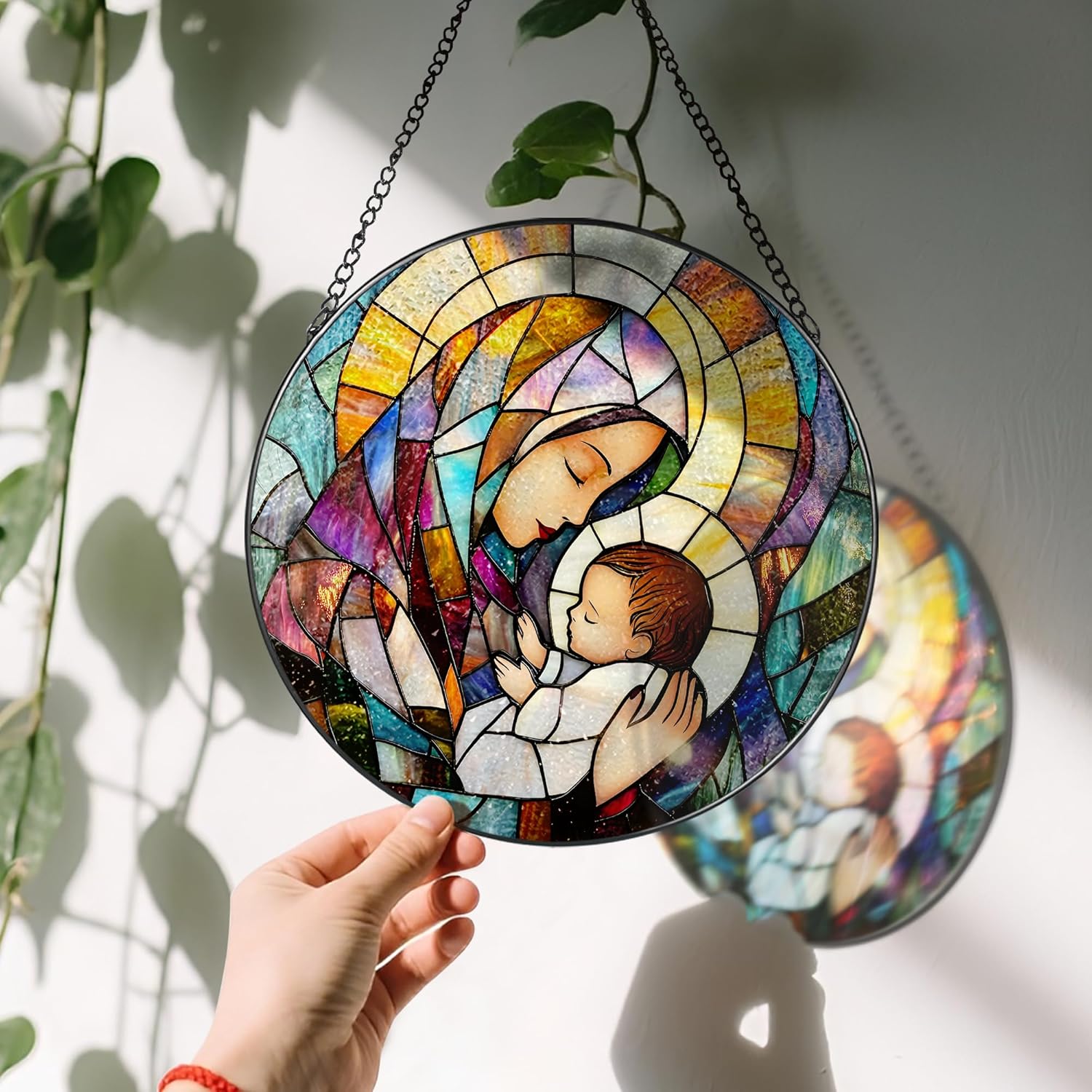 Baby Jesus and The Holy Mother Mary Sun Catcher, 8 Inch Stained Glass Window Hanging, Stained Glass Decor, Christian Home Decor, Christian Gifts for Women, Religious Gifts for Women