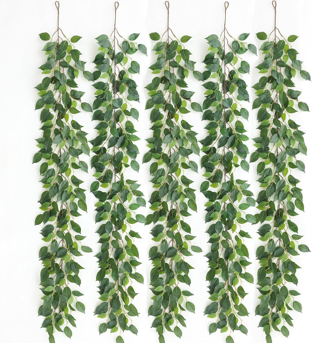 mizii 5 Packs 390" Artificial Vines Ficus Garland Fake Vine Silk Green Leaves Faux Plants Greenery Decoration for Bedroom Room Wall Party Table Centerpieces Wedding Arch Decor