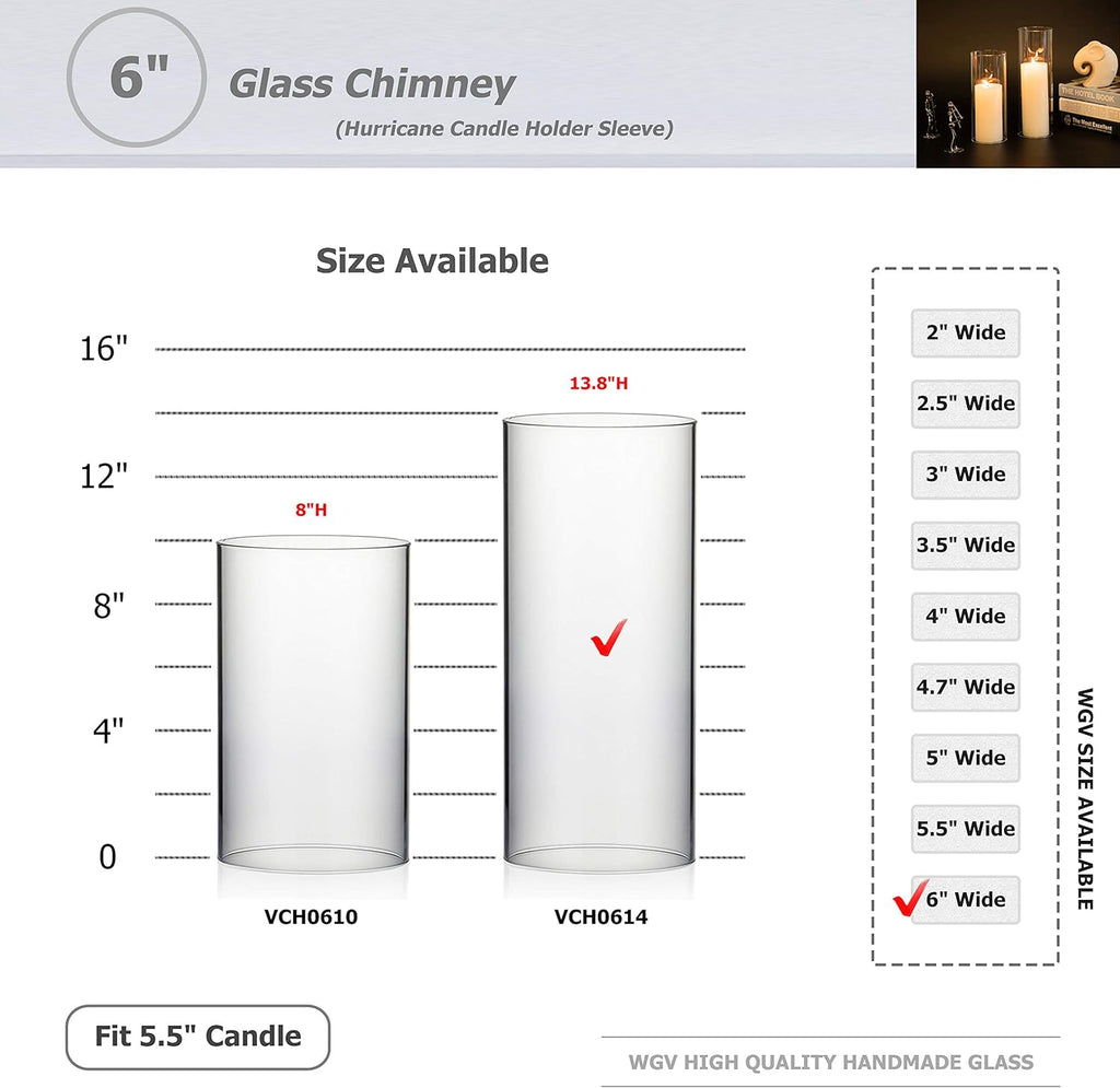 WGVI Hurricane Candle Holder Sleeve, Wide 6", Height 14", Clear Glass Cylinder Candleholder, Chimney Tube, Open Ended Candle Shade, 1 Piece