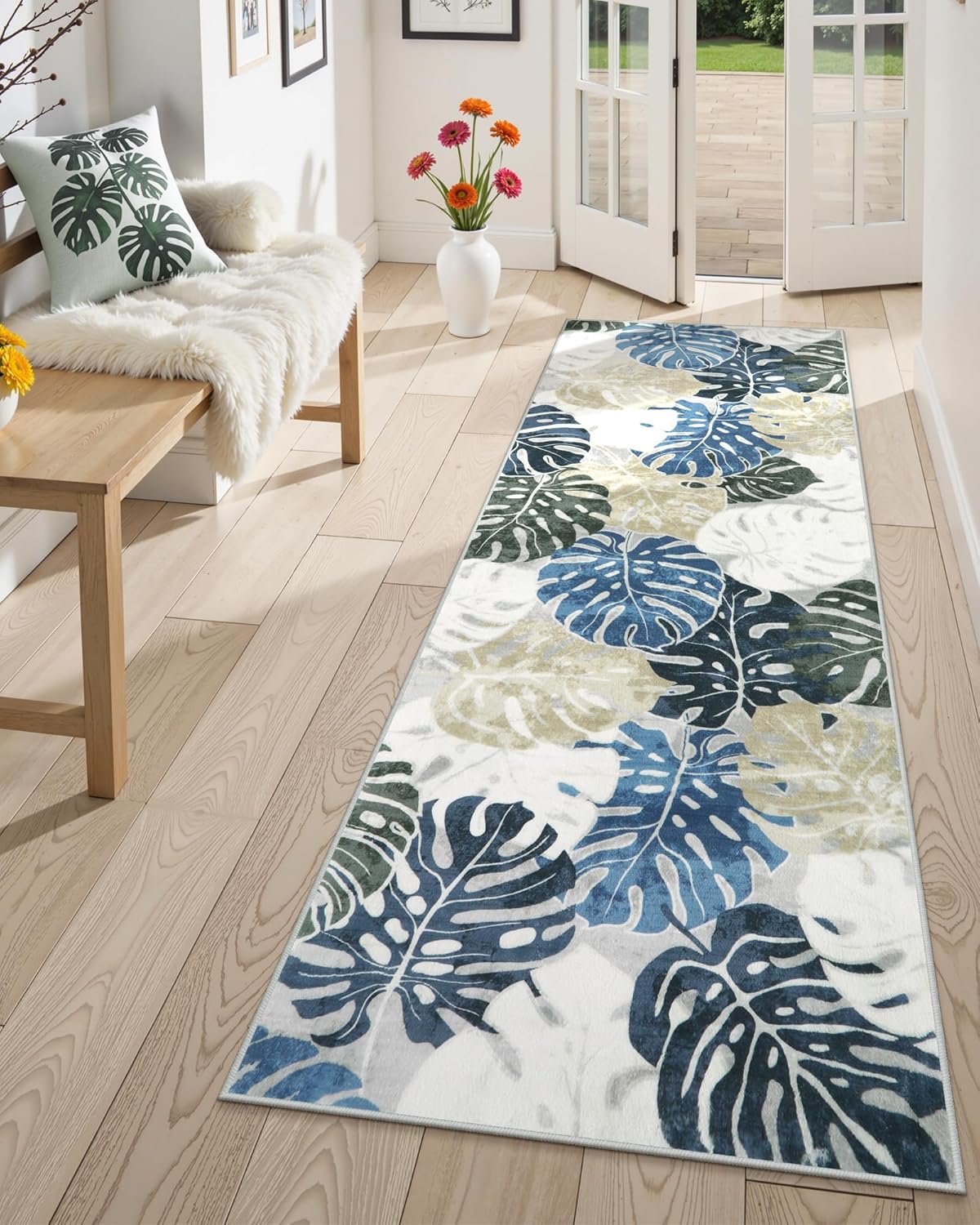 Wonnitar 2x6 Washable Runner Rug, Blue Leaf Kitchen Rug Runner with Rubber Backing, Tropical Coastal Low Pile Entry Carpet Soft Non-Shedding Bedside Mat for Bedroom Entrance Laundry