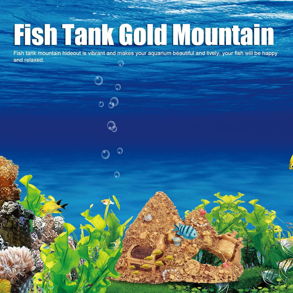 Aquarium Decoration Cave, Fish Tank Gold Mountain Simulation Resin Aquarium Treasure Mountain Hideouts Decoration for Freshwater Saltwater 4.3 x 4.7 x 5.9 inch