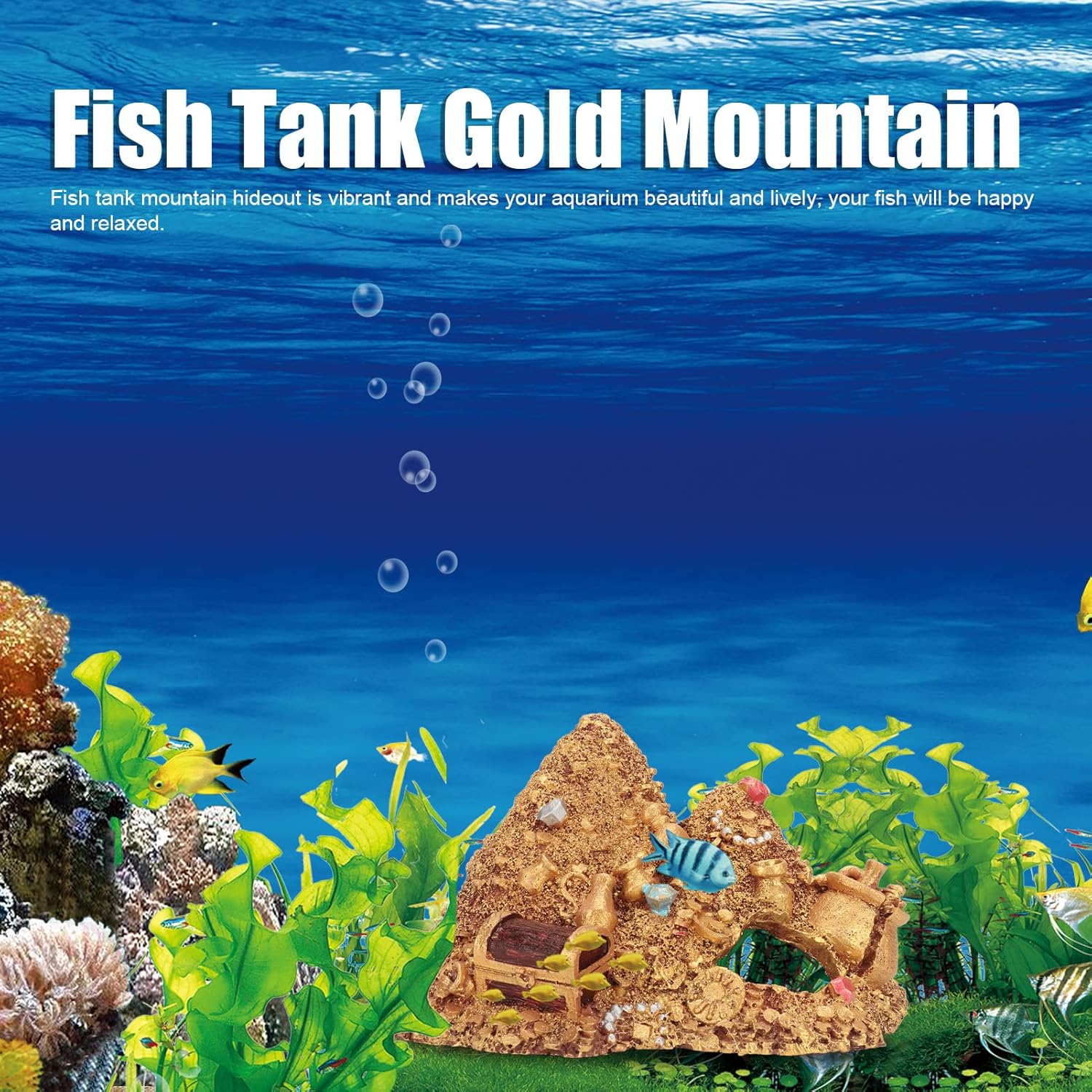 Aquarium Decoration Cave, Fish Tank Gold Mountain Simulation Resin Aquarium Treasure Mountain Hideouts Decoration for Freshwater Saltwater 4.3 x 4.7 x 5.9 inch