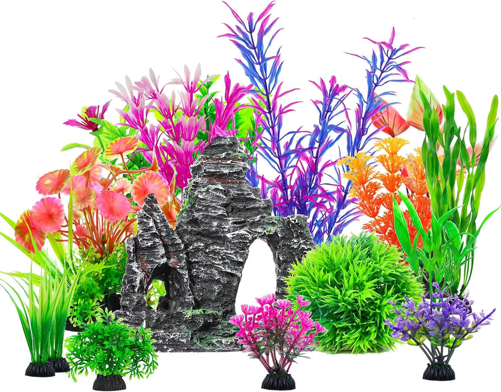 CousDUoBe 16Pcs Aquarium Plants Cave Rock Decor Set& Fish Tank Artificial PlasticPlants,Fish Tank Accessories Small Large Aquarium Decorations Kit