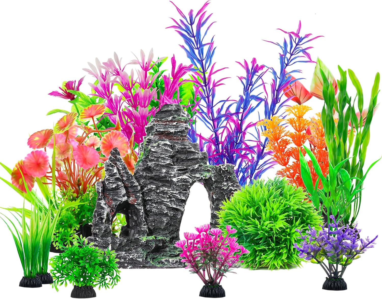 CousDUoBe 16Pcs Aquarium Plants Cave Rock Decor Set& Fish Tank Artificial PlasticPlants,Fish Tank Accessories Small Large Aquarium Decorations Kit