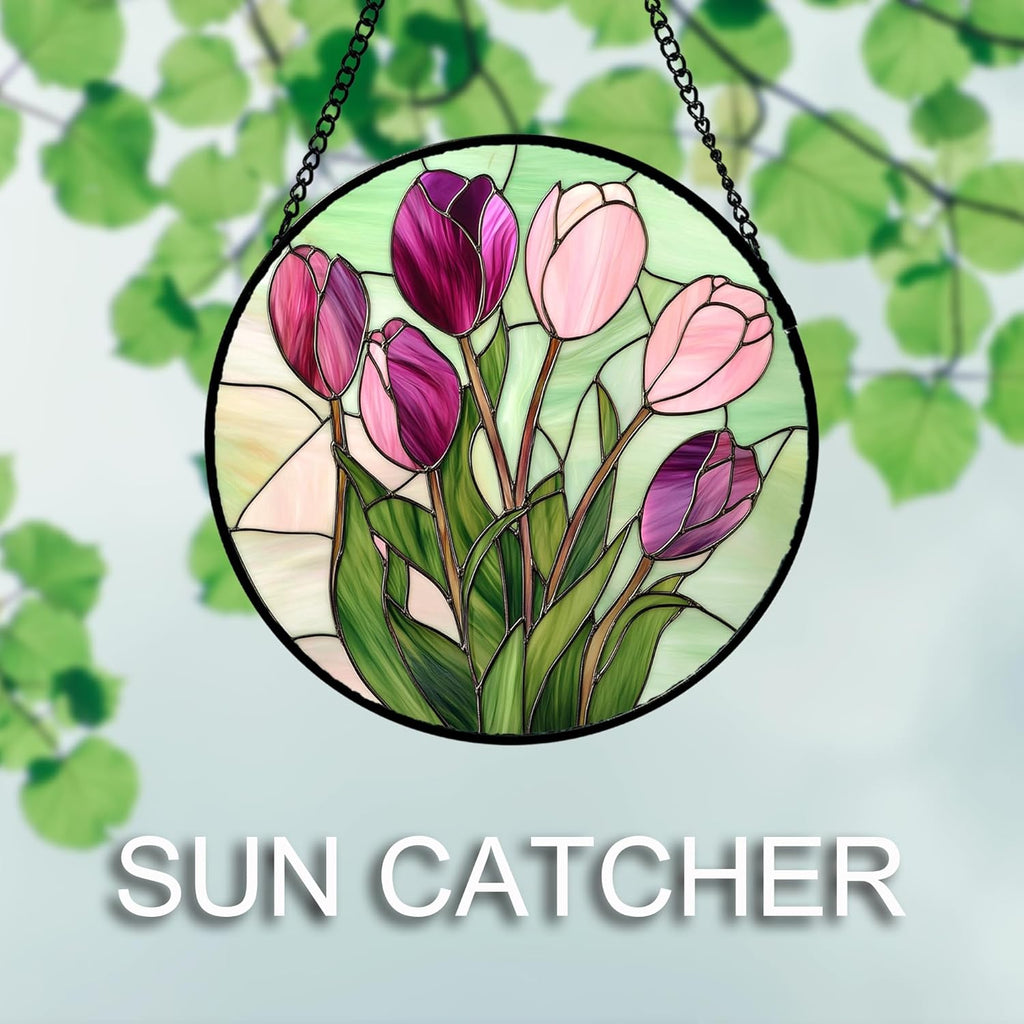 Stained Glass Window Hanging 4 Pcs Set Tulips Plum Flower Daffodils Hyacinths 6.3" - Suncatcher Door Garden Sun Catcher Decor Birthday Mother's Day for Mom Woman Nana