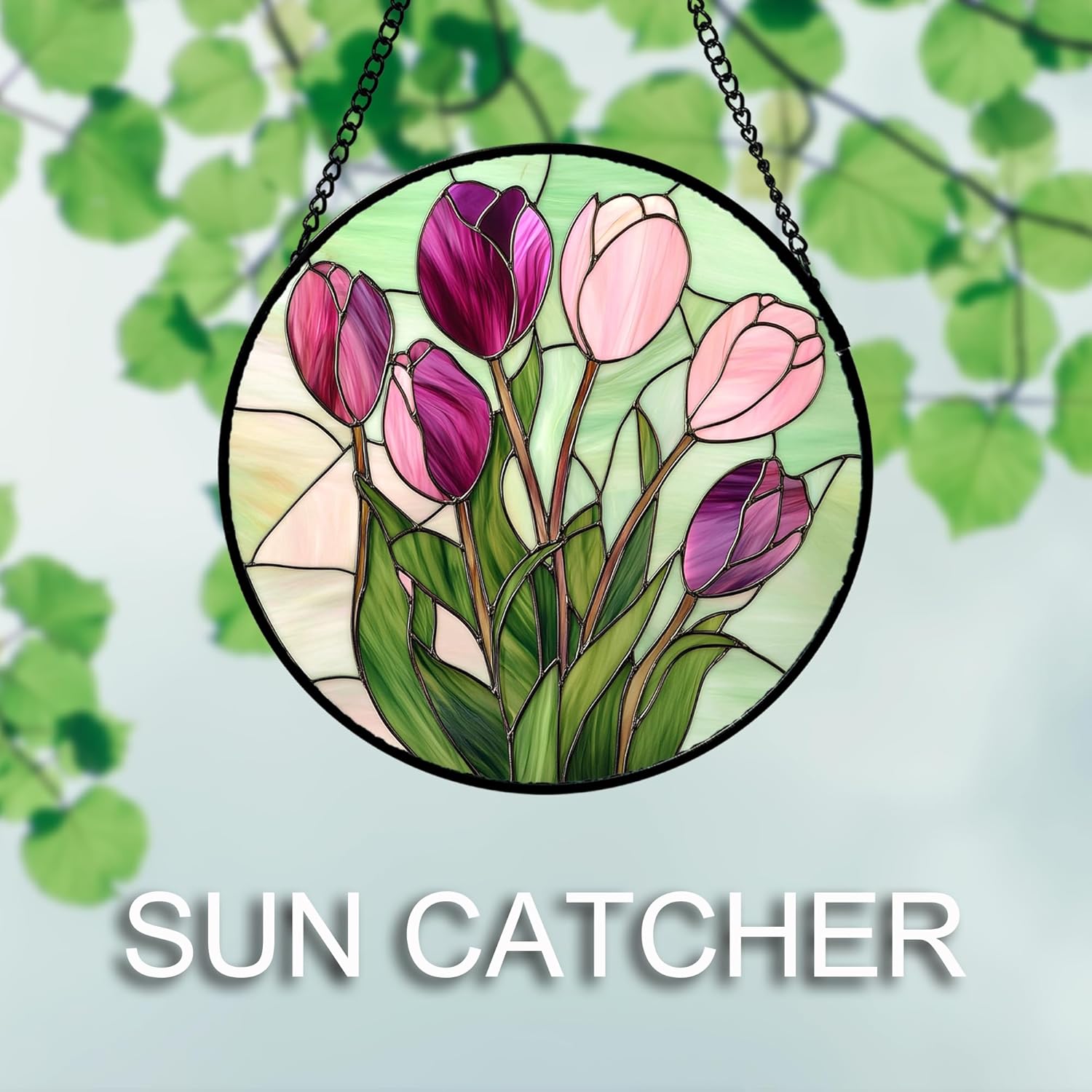 Stained Glass Window Hanging 4 Pcs Set Tulips Plum Flower Daffodils Hyacinths Large 15" - Suncatcher Door Garden Sun Catcher Decor Birthday Mother's Day for Mom Woman Nana