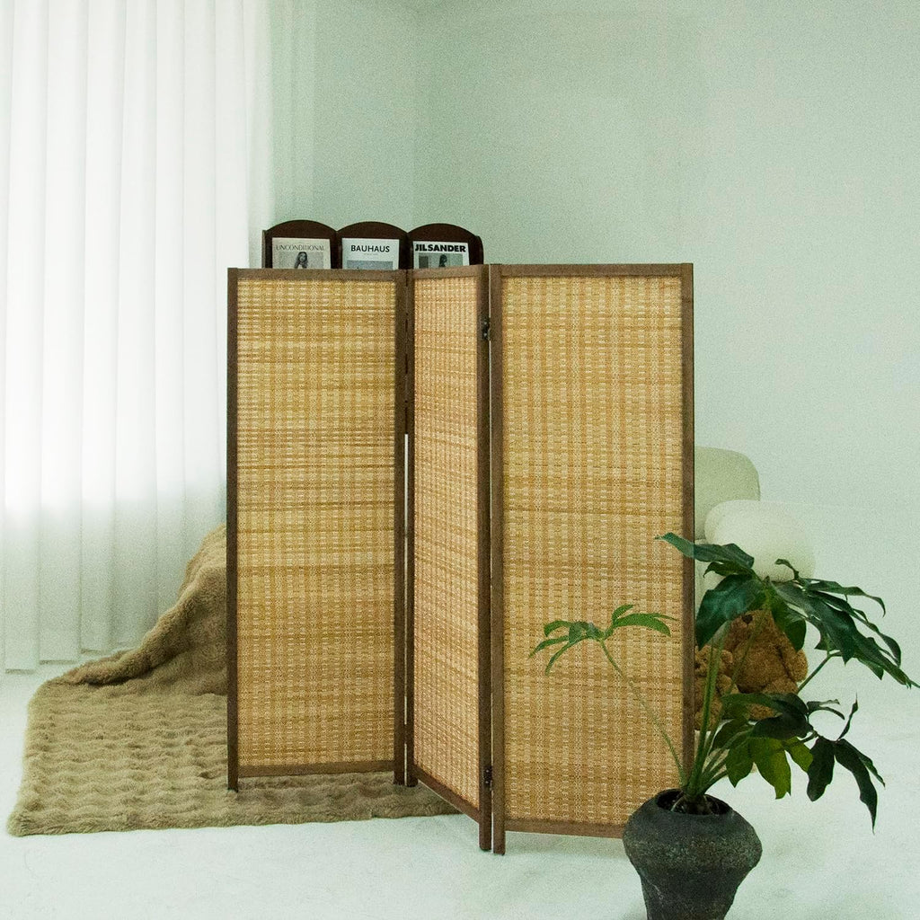3 Panel Short Room Divider Folding Screen,47 inch Bamboo Panel Divider for Home Partition,Brown