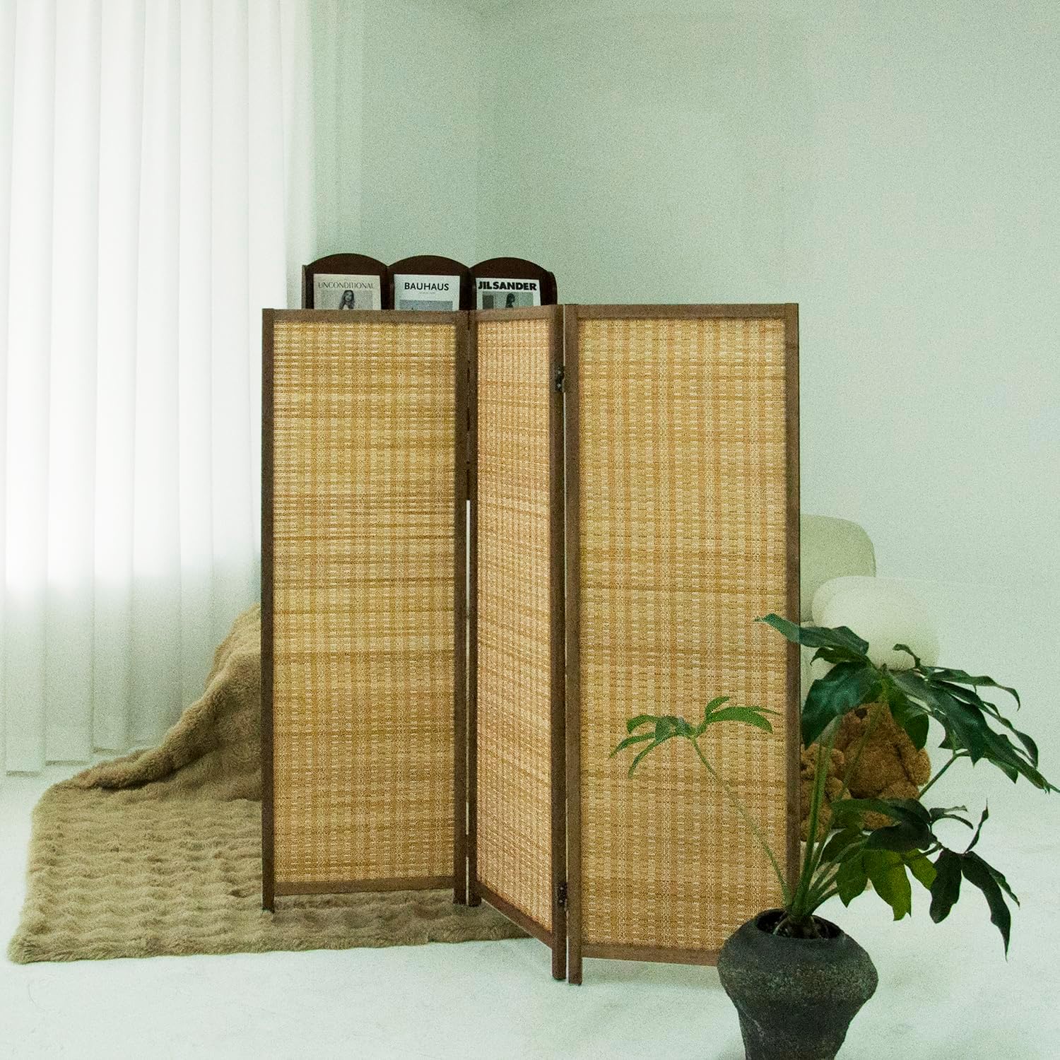 3 Panel Short Room Divider Folding Screen,47 inch Bamboo Panel Divider for Home Partition,Brown