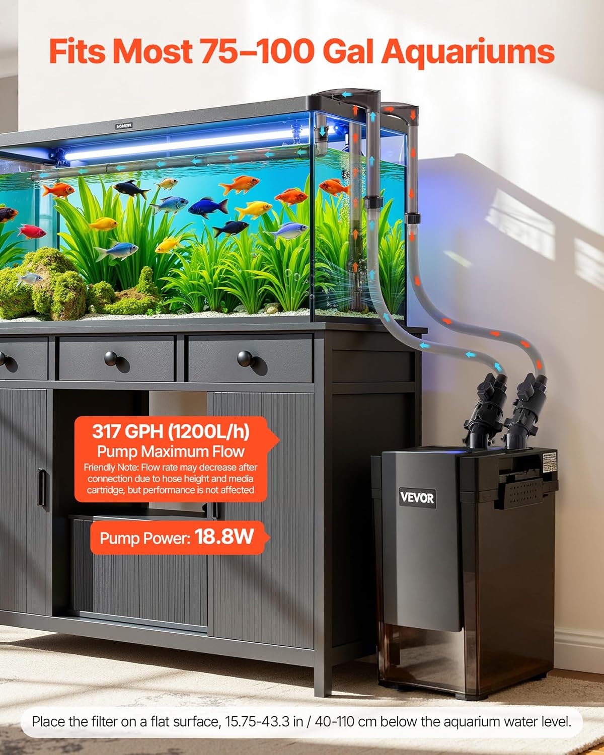 VEVOR 317GPH Canister Filter, 3-Stage External Aquarium Filter with Powerful Pump, Water Circulation Cleaning Machine with Media for Large Fish Tanks and Aquariums Up to 100 Gallons, for Freshwater