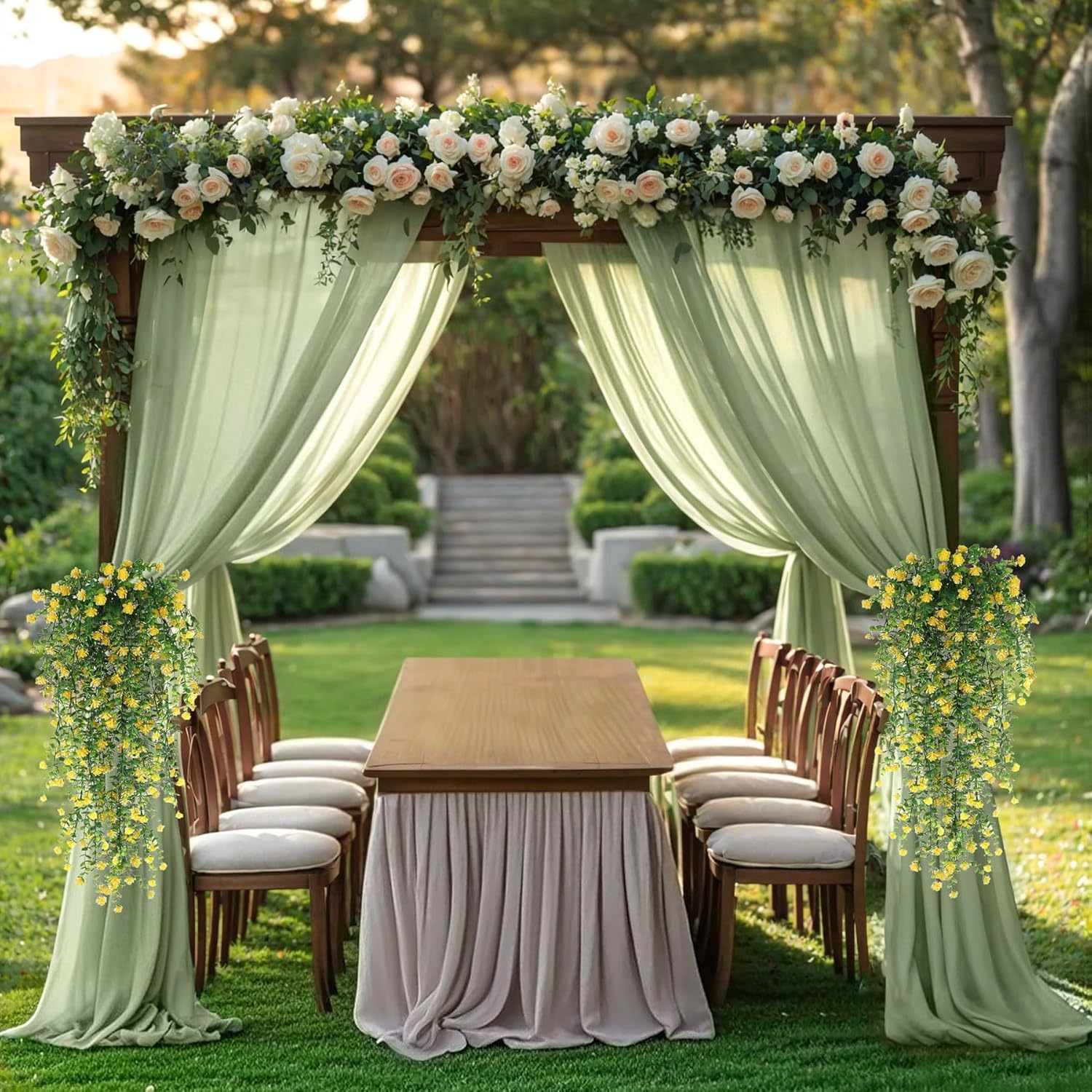Artificial Hanging Flowers for Outdoor Indoor Decor, 6 Packs Fake Eucalyptus Vine Faux Flower Greenery Garland Plastic Plants Outside UV Resistant Wall Garden Wedding Home Party Decor (Yellow)